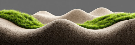 Unique sculptural landscape featuring rolling sand dunes interspersed with bright green grass, creating a striking visual contrast and serene atmosphere.の素材