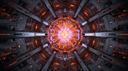 A bright energy core at the center, surrounded by detailed machinery and glowing elements in a high-tech setting, evoking a sense of futuristic innovation.の素材