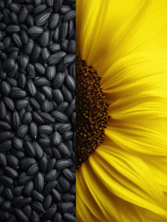 Bright yellow sunflower petals blend seamlessly with deep black sunflower seeds, highlighting the rich contrast of natures colorful offerings.の素材