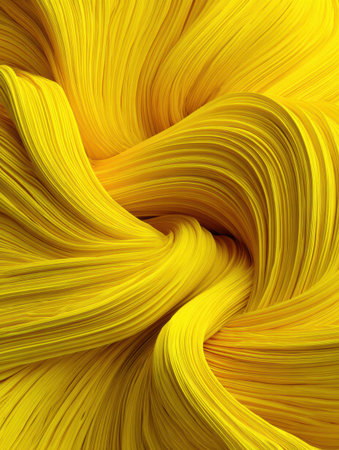 Captivating yellow strands weave together in a dynamic swirl, creating an engaging abstract display of color and texture under bright lighting.の素材