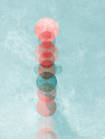 A tower of colorful circles stands against a light blue backdrop, showcasing shades of red, teal, and brown. The design evokes a sense of calm and creativity.の素材