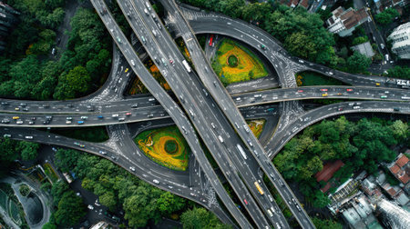 View of a complex highway interchange filled with vehicles, showing vibrant greenery and landscaped areas amid an urban environment during daytimeの素材