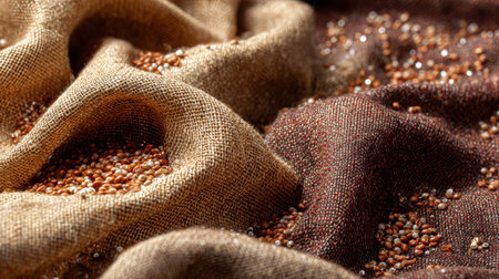 Close-up view of textured fabric in earthy tones with quinoa seeds scattered across the surface, creating a warm and organic look perfect for culinary themesの素材