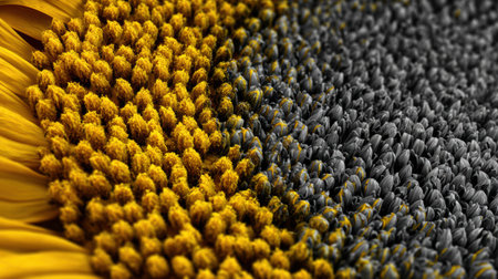 Close-up view of a sunflower reveals intricate patterns and vibrant yellow hues, highlighting the unique textures against a blurred background.の素材
