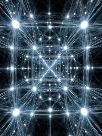 Visual composition presents a striking array of light beams and glowing orbs arranged in a geometric pattern, creating a mesmerizing depth effectの素材