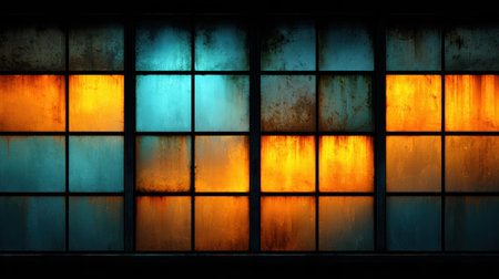 Beautiful patterns emerge on old window panes as the warm colors of sunset reflect against the glass, creating a striking visual scene in the city.の素材