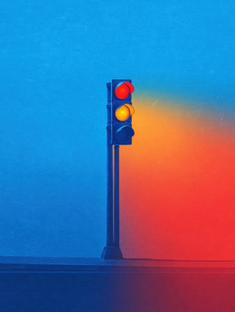 Traffic light shines yellow against a smooth gradient background, indicating caution for drivers on an urban road. The setting evokes evening calm.の素材