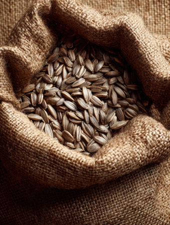 Sunflower seeds fill a burlap sack in a bright farm area, showing the collection process for the harvest in a sunny afternoon environment.の素材