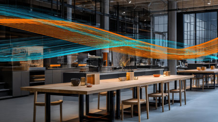 This spacious dining area features a minimalist design with wooden tables and light trails in vibrant colors enhancing the ambiance of the modern kitchen.の素材