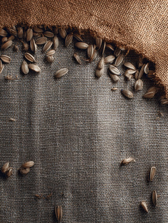 Sunflower seeds lie scattered on a textured burlap cloth, showcasing earthy tones and organic shapes in a simple, rustic display on a plain background.の素材