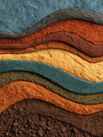 Textured materials form flowing waves of color, displaying rich earth tones and unique patterns. This art piece captivates with its visual depth and design.の素材