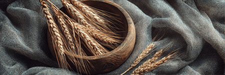 Golden wheat stalks rest in a rustic wooden bowl, surrounded by soft gray fabric, highlighting the beauty of nature and craftsmanship in a warm setting.の素材
