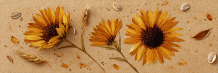 Bright sunflowers on kraft paper with seeds and dried wheat create a colorful, tranquil natural composition.の素材