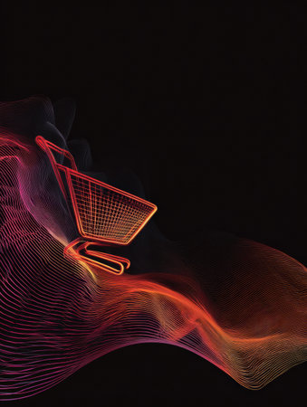 Stylized shopping cart design stands out against a dark background, created with light waves, symbolizing modern e-commerce and digital experiences.の素材