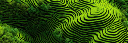 Vast terraced rice fields create stunning patterns on rolling hills, surrounded by lush greenery, displaying the beauty of agriculture in bright daylight.の素材