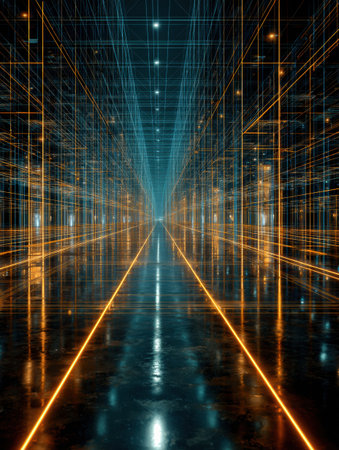 A corridor filled with neon lines and glowing grids creates a futuristic scene. The reflective surface enhances the vibrant colors and depth.の素材