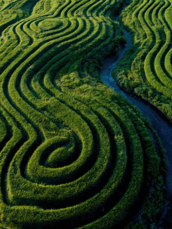 Lush green rice fields showcase intricate patterns as they wind next to a peaceful waterway, highlighting natures beauty in a rural setting.の素材