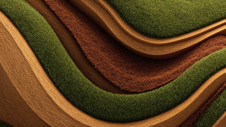 Layered textures of green grass and warm wooden surfaces create a striking, abstract design representing elements of nature in various earthy colors.の素材