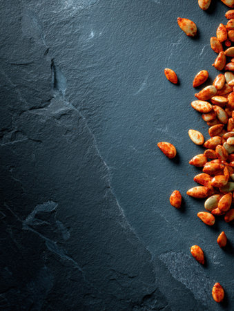 A collection of roasted pumpkin seeds scattered across a textured dark stone surface, showing their golden brown and orange hues in natural light.の素材