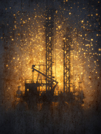 An oil drilling platform stands tall against a backdrop of glowing lights, creating a striking scene that combines technology and nature at night.の素材