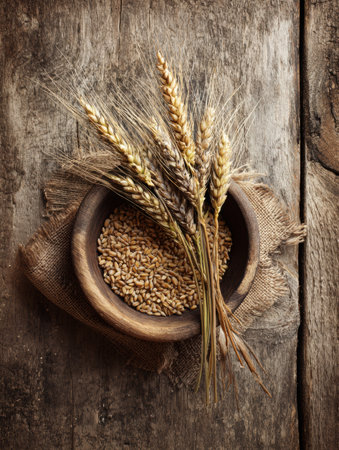 A rustic bowl showcases an assortment of grains and dried wheat stalks.の素材