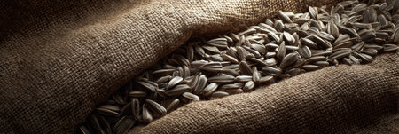 Sunflower seeds are arranged over burlap, highlighting their texture and the organic feel of the materials in soft, warm light.の素材
