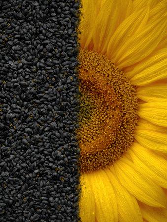 The bright sunflower blooms contrast with dark seeds, highlighting the link between plant growth and seed production in agriculture.の素材