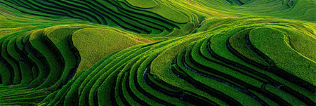 Rice terraces create an intricate pattern of green hues on rolling hills as sunlight softly illuminates the landscape in a serene rural setting.の素材