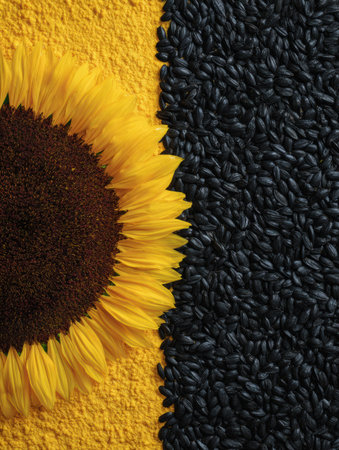 A vibrant sunflower rests against a backdrop of black seeds, highlighting the beauty of natureの素材
