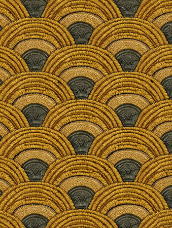 Detailed wave pattern in shades of gold and dark gray illustrates an elegant design suitable for textiles, wallpapers, or art prints.の素材