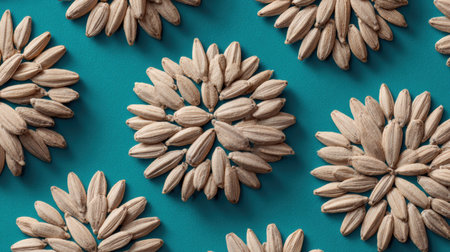 Sunflower seeds are artistically placed in floral patterns on a bright blue surface, highlighting their unique shapes and textures for an eye-catching display.の素材