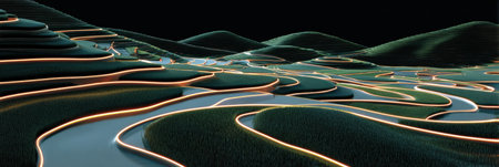 Curved hills and flowing paths create a tranquil landscape, enhanced by gentle illumination that highlights the serene beauty of the scene at night.の素材