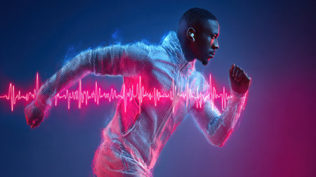 A person is running energetically in a vibrant, digital environment, with colorful sound waves illustrating the rhythm of their pace and music.の素材