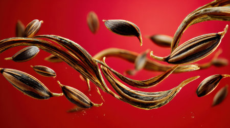 A dynamic arrangement of seeds in various sizes and orientations, captured against a rich red backdrop, highlighting their unique shapes and patterns.の素材