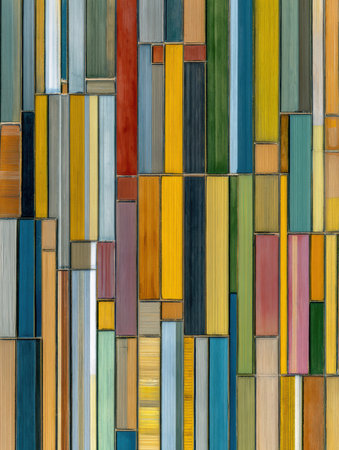 A vibrant composition featuring various rectangular wooden blocks in cheerful colors, arranged artfully on a light background, showing creativity and design.の素材