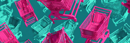 A vibrant display of shopping carts in shades of pink and turquoise fills the scene, evoking energy and activity in a bustling shopping environment.の素材