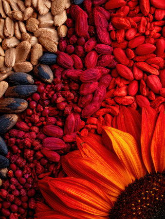 Close-up view of various seeds and a sunflower petal arranged artistically, showing the vibrant colors and textures of nature in a striking composition.の素材