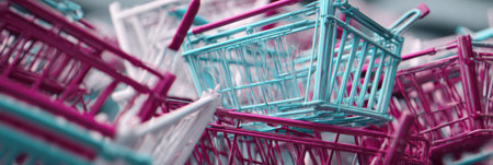 Multiple shopping carts in vibrant colors are closely arranged in a retail space, showcasing a lively atmosphere during the day.の素材