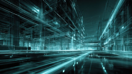 A vibrant city scene features intricate transparent structures illuminated by glowing lines. The perspective reveals a dynamic and modern urban environment.の素材