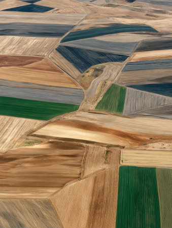 Colorful patches of farmland create a striking landscape from above, displaying multiple crop types and fields during a clear, sunny day.の素材