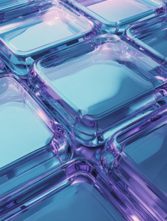 Colorful glass-like shapes blend together in shades of purple and blue, forming an abstract composition that evokes a sense of depth and modernity.の素材