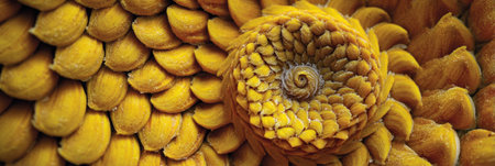 Intricate spiral pattern composed of yellow scales reveals the complexity of natural forms found in botanical environments, captured in bright conditionsの素材
