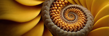 A close-up view reveals a mesmerizing spiral arrangement of sunflower seeds in vibrant yellow, highlighting natures beauty and intricate patterns.の素材