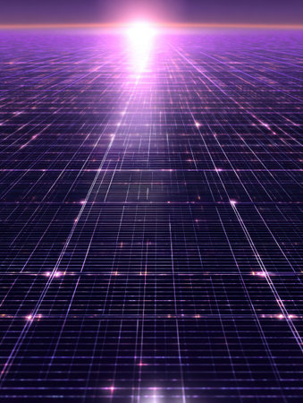 A captivating digital scene features a glowing grid that extends into the horizon, illuminated by a central light source creating a dreamy ambiance.の素材