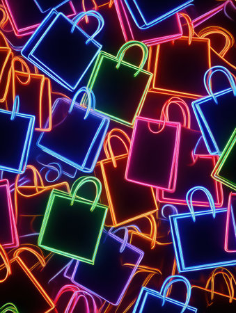 Neon shopping bags in various colors create a lively and vibrant pattern. The design reflects a fun shopping experience and modern retail atmosphere.の素材