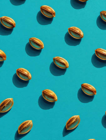 Pistachios are neatly scattered on a vibrant turquoise surface, emphasizing their natural textures and hues in a well-lit setting, evoking freshness.の素材