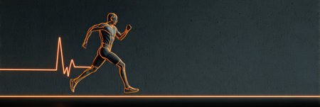 A digital runner with a heartbeat line highlights the link between exercise and health, all on a dark background.の素材