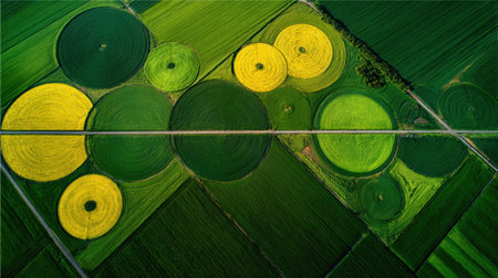 Aerial view reveals beautiful circular crop patterns in various shades of green and yellow, depicting agricultural creativity in a rural landscape.の素材