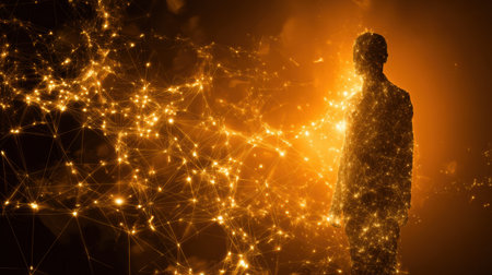 A person stands in profile against a bright, glowing backdrop filled with sparkling light patterns, creating a sense of connection and energy.の素材