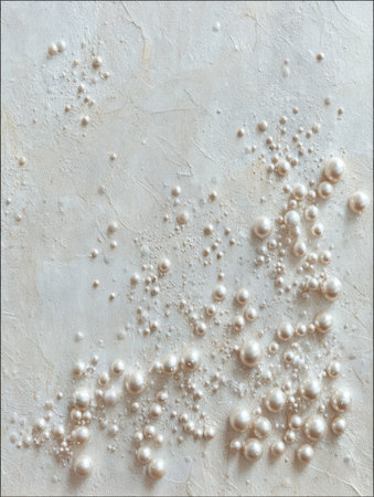 Delicate pearls are scattered across a soft, textured backdrop, highlighting their different sizes and creating a visually appealing layout.の素材